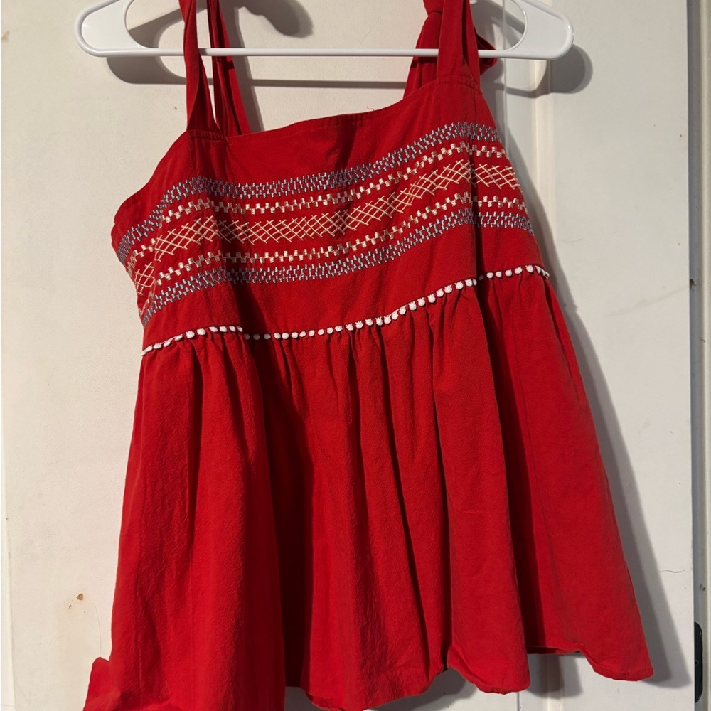 Red Smocked Camisole with White Embroidery